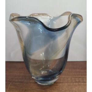 Vintage Hand Blown Art Glass Ruffled Edge Vase Blue Beige Swirls S11